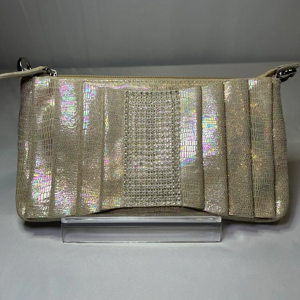 DX Touch Clutch Purse Gold Italian Leather Swarovski Crystals Iridescent Pleated